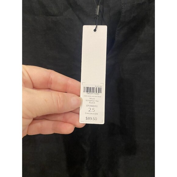 Chico's Shirt Womens 14 Black Linen Scallop Hem Tank Top Embroidered Sleeveless - Picture 3 of 5